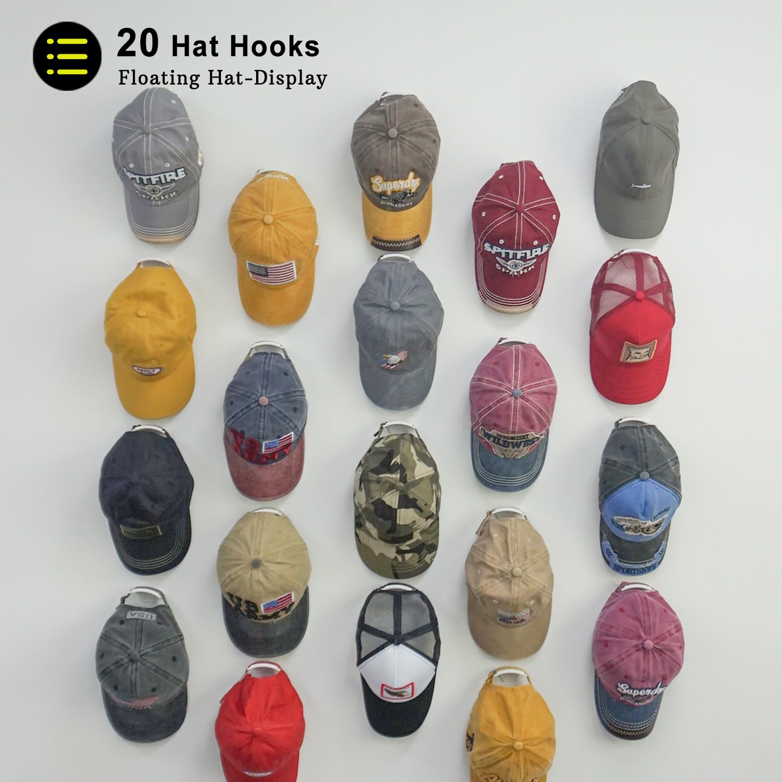 Etowifa 20 Pack Hat Organizer Rack For Baseball Caps, Adhesive Hat Holder Floating Display For Wall, Over The Door And Closet, N